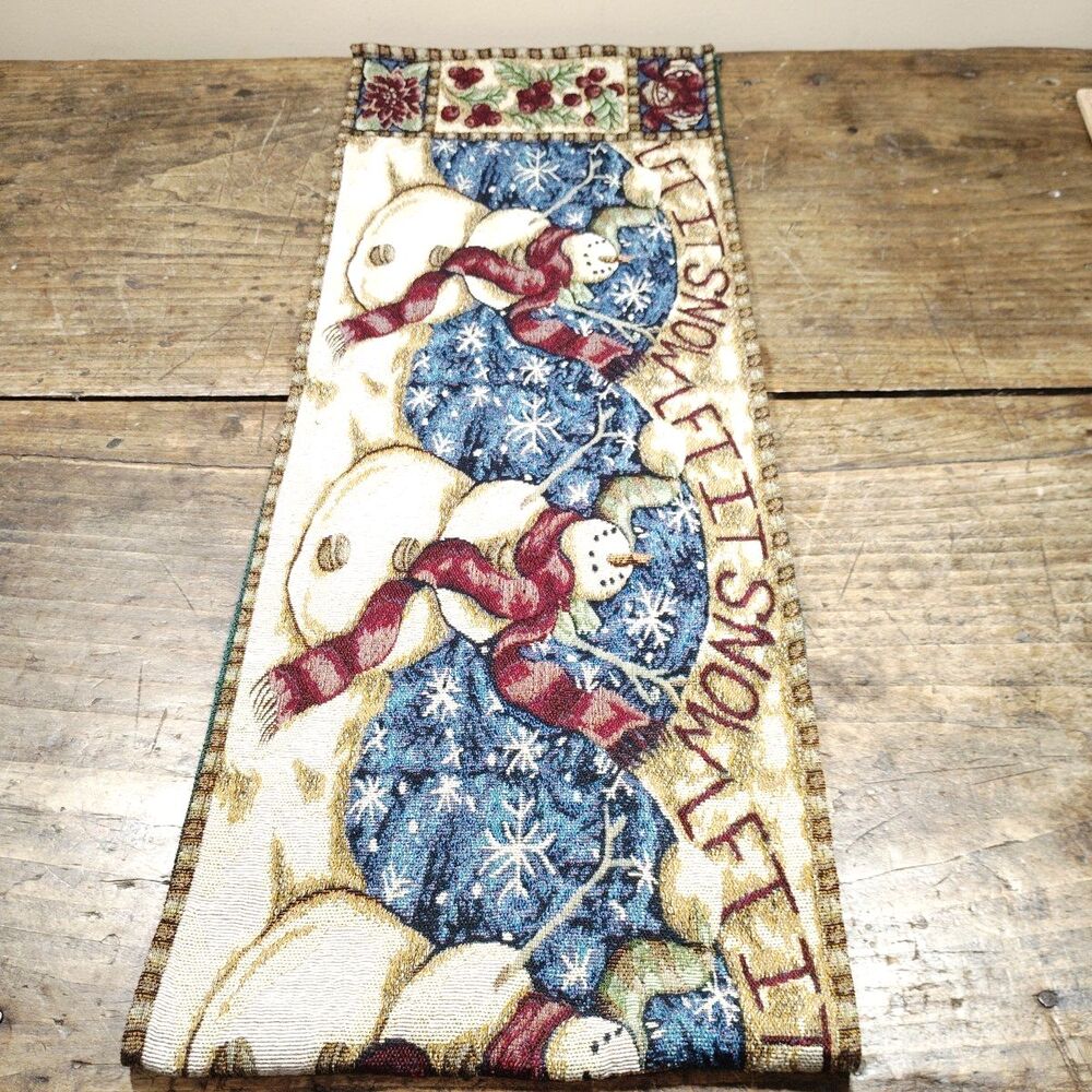 Vintage Christmas Tapestry Table Runner Snowman Winter Holiday 70" x 12.5"